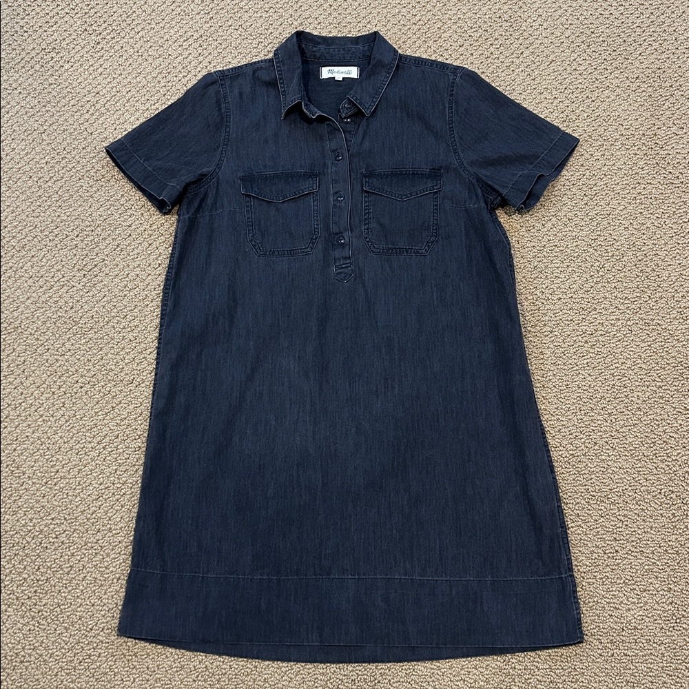 Madewell Black Denim Short Sleeve Popover Shirt Dress size Small Lunar Wash